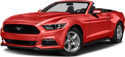 Front view of red convertible with sleek headlights and black grille