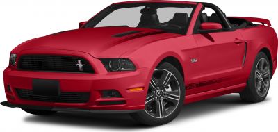 Red convertible with aggressive front grille and open roof
