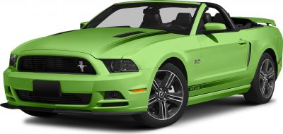 Bright green convertible with black grille and sporty 5.0 badge