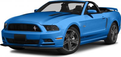 Blue Mustang convertible with 5.0 badge and GT/CS stripe