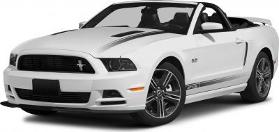 Front three-quarter view of white convertible with racing stripes and GT/CS badges