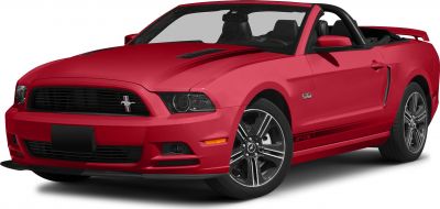 Red Mustang convertible with black grille and 5.0 badge
