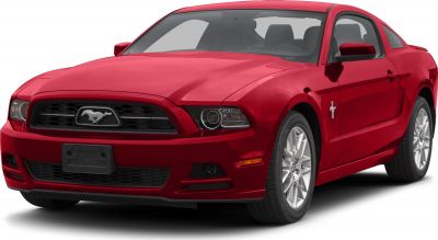 Front view of red muscle coupe with distinctive grille and headlights