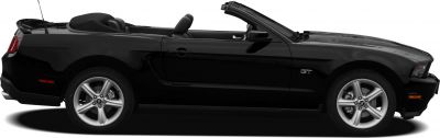 Black convertible Mustang with sporty alloy wheels and open roof side profile
