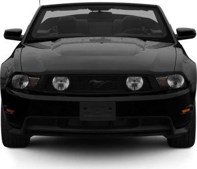 Front view of black Mustang Convertible with signature grille and headlights