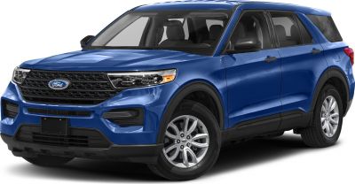 SUV front side view with blue body and black trim