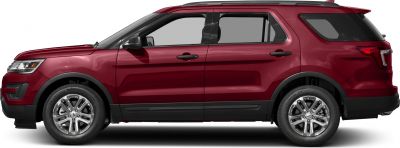 Side profile of red SUV with distinct alloy wheels and large windows