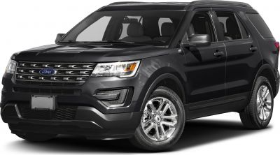 Front three-quarter view of black SUV with chrome wheels
