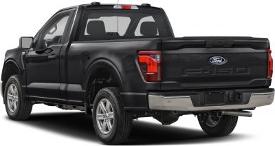 Rear view of black pickup with regular cab and long bed