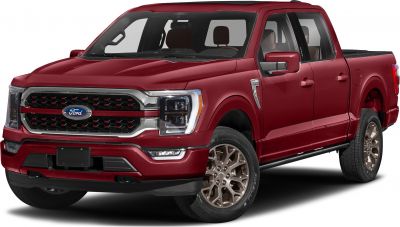 Front and side view of a red pickup truck with detailed grille and alloy wheels