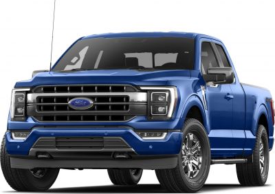 Front view of blue pickup with detailed grille and LED headlights