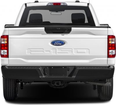 Rear view of pickup with detailed tailgate and taillights