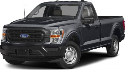 Front and side view of black pickup truck with grille and headlights
