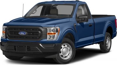 Front and side view of a regular cab pickup with black grille and steel wheels
