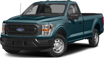 Front and side view of Regular Cab pickup truck with black grill and steel wheels