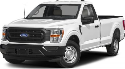 Front and side view of a white pickup with Regular Cab