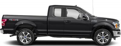 Side view of a black extended cab 4x4 pickup truck with alloy wheels