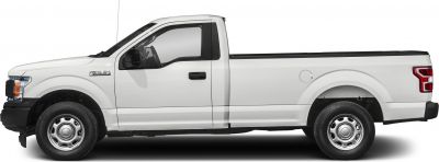 Side profile of a regular cab pickup truck with steel wheels and long bed.