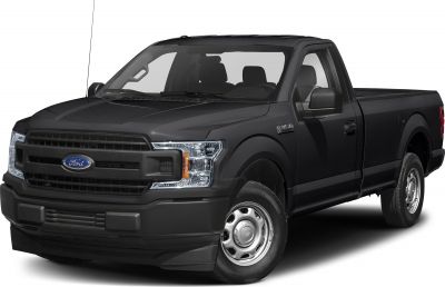 Front and side view of black regular cab pickup with grille and headlights