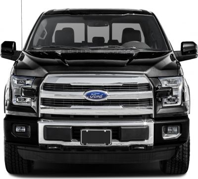 Front view of pickup truck with grille, headlights, hood features