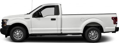 Side profile of a white regular cab pickup with steel wheels.