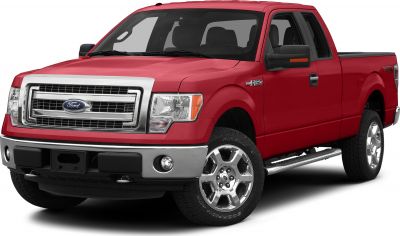 Red pickup truck with chrome grille and alloy wheels