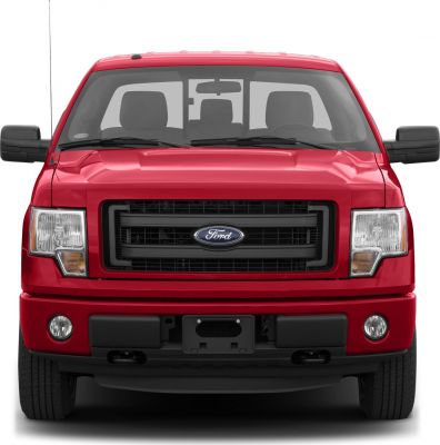 Front view of red truck showing grille and headlights