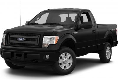Front and side view of black regular cab pickup with distinctive grille and clear light assembly