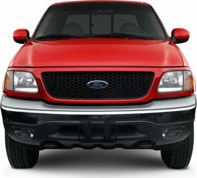 Front grille, headlights, and bumper of a pickup truck