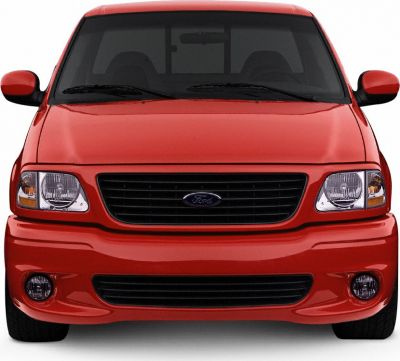 Front view of red truck with grille, headlights, and bumper