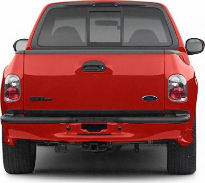 Rear view of red pickup including tailgate, taillights, bumper, and rear window