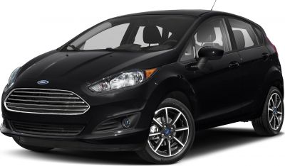 Compact black hatchback with alloy wheels and chrome front grille