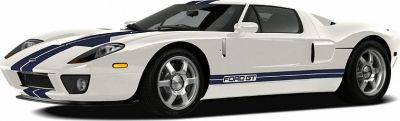 White supercar with blue racing stripes and aerodynamic body.