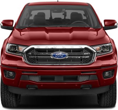 Front view of a pickup truck with distinctive grille and headlights