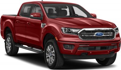 Front side view of mid-size red pickup with prominent grille and headlights