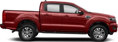 Side profile of extended cab red pickup with alloy wheels