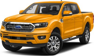 Bright orange pickup truck front and side exterior