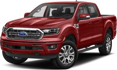 Red pickup truck front side with chrome grille and alloy wheels