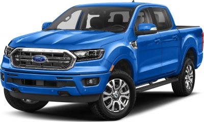 Blue midsize pickup with bold grille and alloy wheels