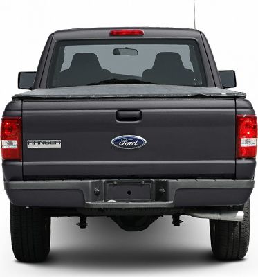 Rear view of pickup with closed tailgate and covered cargo bed