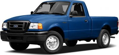 Blue pickup truck front and side view with compact double cab design