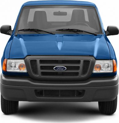 Front view of a blue pickup with distinct grille and headlights