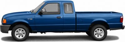 Side view of a blue pickup with Super Cab and long bed
