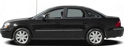 Side view of a sleek black mid-size sedan with four doors and alloy wheels.