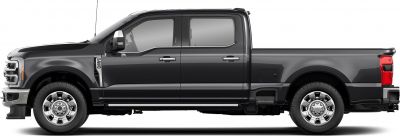 Side profile of heavy-duty crew cab pickup with long cargo bed and chrome wheels