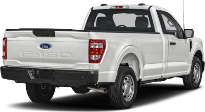 Rear and side view of a regular cab pickup with long cargo box