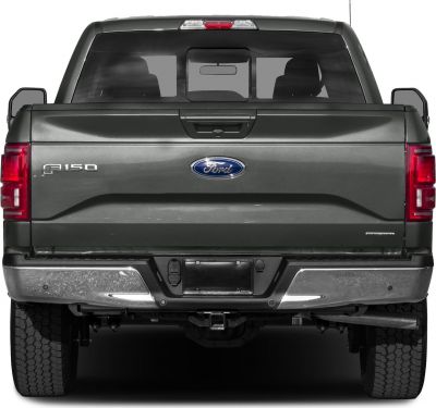 Rear view of pickup tailgate with Ford emblem and taillights