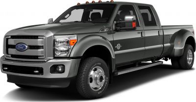 Front and side view of a heavy-duty crew cab long box pickup with dual rear wheels.