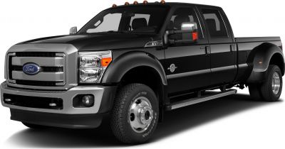 Heavy-duty pickup with crew cab and dual rear wheels side view
