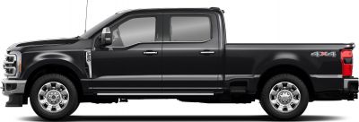 Side view of black crew cab short box pickup with 4x4 badge and chrome wheels